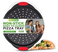 NutriChef Non-Stick Pizza Tray - with Silicone Handle, Round Steel Non-Stick Pan with Perforated Holes, Premium Bakeware, Pizza Tray with Silicone and Oversized Handle, Dishwasher Safe