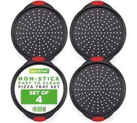 Nutrichef Non-Stick Pizza Tray with Silicone Handles, 4-Pack Round Steel Non-Stick Pans with Perforated Holes, Premium Bakeware, Pizza Trays with Silicone and Oversized Handles, Dishwasher Safe