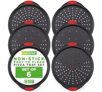 Nutrichef Non-Stick Pizza Tray with Silicone Handles, 6-Pack Round Steel Non-Stick Pans with Perforated Holes, Premium Bakeware, Pizza Trays with Silicone and Oversized Handles, Dishwasher Safe