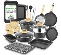 NutriChef Non Stick Pots and Pans Set with Coating 22-Piece, Cooking Set Includes Pan Sets, Pot Set, Kitchen Cookware, Bakeware, Heat-Resistant Tools, 20 cm-30 cm, Black