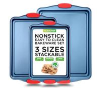 NutriChef Nonstick 3-Piece Baking Pans Set - Carbon Steel Bakeware with Blue Coating Inside & Outside and Red Silicone Handles, Durable and Reliable, Effortless Baking and Easy Cleanup (Blue)