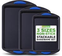 NutriChef 3-Piece Baking Pan Set - Premium Nonstick Carbon Steel Bakeware w/Silicone Handles - Includes Large, Medium, & Small Pans for Baking & Roasting - PFOA, PFOS, PTFE Free - Gray