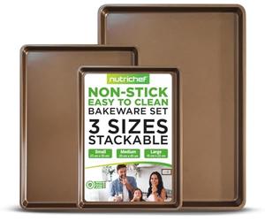 NutriChef Nonstick Cookie Sheet Baking Pan - 3pc Metal Oven Baking Tray, Professional Quality Kitchen Cooking Non-Stick Bake Trays - Stylish Metallic Coating, PFOA, PFOS, PTFE Free