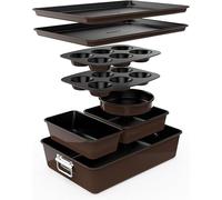 NutriChef Nonstick Stackable Bakeware Set, 8-Piece, Brown | Stackable 8-piece carbon steel bakeware set with non-stick coating, oven safe up to 232°C