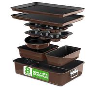 NutriChef Nonstick Stackable Bakeware Set 8-Piece, PFOA PFOS PTFE Free Cookware Set, Non-Stick Coating, 232°C Oven Safe, Includes Round Cake, Cookie Sheet, Non Toxic Cookware for Home Baking (Blue)