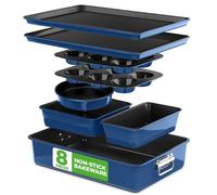 NutriChef Nonstick Stackable Bakeware Set 8-Piece, PFOA PFOS PTFE Free Cookware Set, Non-Stick Coating, 232°C Oven Safe, Includes Round Cake, Cookie Sheet, Non Toxic Cookware for Home Baking (Blue)