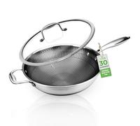Nutrichef Wok Non Stick Pan with Glass Lid, Hex Frying Pan, Large Deep Stir Fry Pans, Stainless Steel Saute Pan for Induction Hob, Nonstick Hexclad Wok w/Honeycomb Pattern, Scratch-Resistant, 30cm