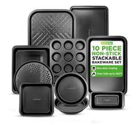 Nutrichef Oven Tray Set, Baking Trays for Oven Non Stick Set, Bakeware Cooking Pans, Cookie Sheets, 10 Piece Carbon Steel Square, Round, Loaf, Pizza, Cupcake Tins, Dishwasher Safe, Black