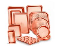 NutriChef 10-Piece Nonstick Copper Bakeware Set - PFOA PFOS PTFE Free Food Grade Safe Carbon Steel Baking Tray Set - Oven Safe Up to 450°F, Pizza, Loaf, Muffin, Round/Square Pans, etc., Copper