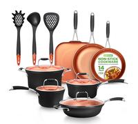 NutriChef Pan Set 14 Piece Non Stick Pots and Pans Set Induction Hob Cookware Set Aluminum Frying Pans Cooking Pots Griddle with Lids and Utensils Copper