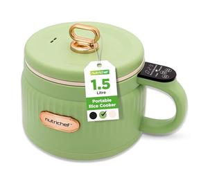 NutriChef Portable Electric Rice Cooker, 1.6L Mini Cooker with Non-Stick Ceramic Pot, Digital Control Panel, 6 Cooking Modes for Rice, Soup, Stew, Porridge & More, Green