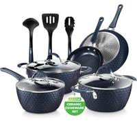 Nutrichef NCCW11DS Pots and Pans Set Cookware, Reinforced Forged Aluminum Metal, Engineered Nylon Silicone, Tempered Glass, Blue Diamond