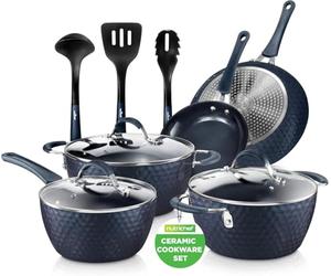 NutriChef Pots and Pan Set 11 Pcs, Non Stick Cookware Set, with Saucepan Frying Pans, Cooking Pots, Lids, Handles - Induction hob, Blue Diamond