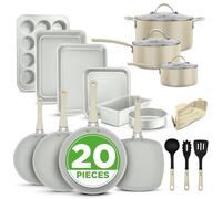 Nutrichef Pots and Pans Set, 20 Piece Non Stick Bakeware and Cookware Set, Induction Hob Pots w/Lids, Heat Safe Silicone Handles, Saucepan, Frying Pans, Muffin Tin, Cookie Tray, Utensil-White
