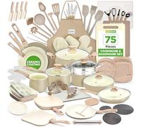 NutriChef Nonstick Cookware 75-Piece, Ceramic Pots and Pans, Pan Collection with Bakeware, Utensils, Knife Kit, Food-Grade Safe, Stain-Resistant, Cream/Brown, Oven Safe to 190°C