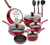 NutriChef Pots Pans Set Non Stick, 13 Pcs - Cooking Pot Set, Induction Hob Pan Set with Lids, Saucepan, Kitchen Frying Pans, Free Heat Resistant PFOA Free Cookware, Lids, Ladle, Fork, Strainer, Red