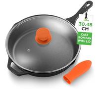 NutriChef Pre-Seasoned Cast Iron Skillet Pan w/Lid, Cast Iron Frying Pans Nonstick, Oven Safe Cookware w/Silicone Handle, Drip Spout, Indoor/Outdoor Use, for Induction & All Cooktops