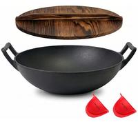 NutriChef Pre-Seasoned Cast Iron Wok Pan - 5.8 QT Heavy Duty Non-Stick Iron Chinese Wok or Stir Fry Skillet w/Wooden Lid, for Electric Stove Top, Induction, Gas, Home/Restaurant Cooking