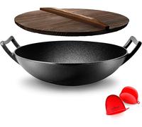 Nutrichef Pre-Seasoned Cast Pan-5.8 QT Heavy Duty Non-Stick Iron Chinese Wok or Stir Fry Skillet w/Wooden Lid, for Electric Stove Top, Induction, Large, Black