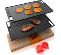 Nutrichef Reversible Cast Iron Grill Plate - 46 x 25cm, Flat & Ridged Griddle