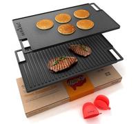Nutrichef Reversible Cast Iron Grill Plate - 46 x 25cm, Flat & Ridged Griddle Pan for Hob, Oven & BBQ, Induction & Gas Safe, Stain-Resistant & Easy to Clean, Includes Silicone Oven Mitts - Black