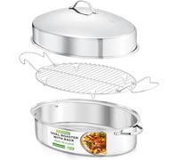 NutriChef, Roasting Tray Pan Oval Set - Deep Roasting Tin Grill with Rack, Roaster Pan with Lid - Stainless Steel Roaster Dish w/Wide Handles & Removable Rack- for Roasting, Large- 50.8cm, Silver