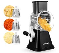 Nutrichef 3 in 1 Cheese Grater & Shredder | Strong Suction Base, Rotary Handle with Safety Lock | Includes Hand Crank & 3 Drum Blades for 3 Textures, Fine, Medium & Strips | Black