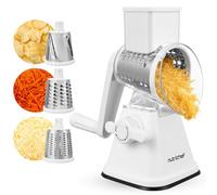 NutriChef Rotary Cheese Grater 3 in 1 - Manual Cheese Shredder with 3 Stainless Steel Drums, Strong Suction Base for Kitchen, for Vegetables, Carrot, Potato, Coconut