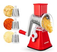 Nutrichef 3 in 1 Cheese Grater & Shredder | Strong Suction Base, Rotary Handle with Safety Lock | Includes Hand Crank & 3 Drum Blades for 3 Textures, Fine, Medium & Strips | Red