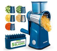NutriChef Rotary Cheese Grater 5 in 1 - Manual Vegetable Slicer and Cheese Shredder with 5 Interchangeable Blades and Storage Container, Strong Suction Base, Blue