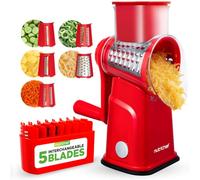 NutriChef Rotary Cheese Grater 5 in 1 - Manual Vegetable Slicer and Cheese Shredder with 5 Interchangeable Blades and Storage Container, Strong Suction Base