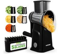 NutriChef Rotary Cheese Grater 5 in 1 - Manual Vegetable Slicer and Cheese Shredder with 5 Interchangeable Blades and Storage Container, Strong Suction Base