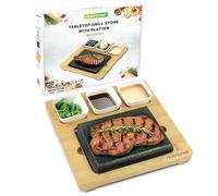 NutriChef Sizzle Hot Stone Cooking Set - Tabletop Granite Grill with Bamboo Platter, Stainless Steel Tray, Ceramic Sauce Bowls & Serving Plate - Indoor/Outdoor Grilling for Meats, Seafood & Veggies