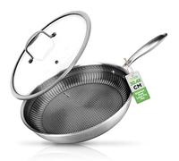 NutriChef Stainless Steel Frying Pan, 30cm Frying Pan, Triply Kitchenware Stir Fry Pans Kitchen Cookware w/Dakin Etching, Scratch-Resistant, Non Stick Wok with Lid, Honeycomb Fire Textured Pattern