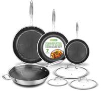 Nutrichef Stainless Steel Pan Set, 7-Piece Frying Pan, Saucepan Set, Non Stick Cookware, Induction Hob, Triply, Dakin Etching Nonstick Coating - Small, Medium, Large Stir Fry Pans with Lid, Wok