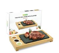 NutriChef Steak Stone Grill, Hot Stone Steak Set, with Bamboo Platter, Stainless Steel Tray and Ceramic Sauce Bowls, Good for Indoor Outdoor Dining, Cooking, Parties and Gifts