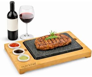 NutriChef Steak Stone Grill, Hot Stone Steak Set, with Bamboo Platter, Stainless Steel Tray and Ceramic Sauce Bowls, Good for Indoor Outdoor Dining, Cooking, Parties and Gifts