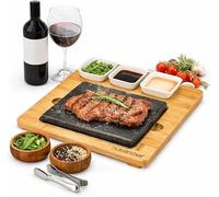 NutriChef Steak Stone Grill, Hot Stone Steak Set, with Bamboo Platter, Stainless Steel Tray, and Ceramic Sauce Bowls, Perfect for Indoor Outdoor Dining, Cooking, Parties and Gifts