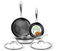 Nutrichef 6-Piece Tri-Ply Stainless Steel Frying Pan Set - 8", 10", 12" Non-Stick Skillets with Lids, Induction Compatible, Oven Safe, Scratch-Resistant, Dishwasher Safe