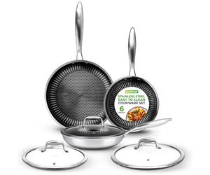 Nutrichef Tri-Ply Stainless Steel Skillet Set 6-Piece, 20cm, 25cm, 30cm Non-Stick Pans with Lids, Induction, Oven & Dishwasher Safe, for Camping Cooking, Ramen, Omlet, Kitchen Sets