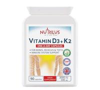 Nutrilus Vitamin D3 3000 IU and K2 MK-7 100mcg 90 Capsules - not Tablets - One Daily Supplement - Muscles - Bones - Teeth - Immune System