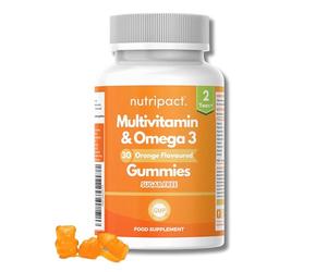 Nutripact Kids Multivitamin & Omega 3 Gummies | Ages 2+ | 30 Orange Flavour Chewable Sugar Free Gummies | with Vitamins A, B C, D, E, | DHA & EPA | Supports Immunity, Brain, Energy, Vision & Growth