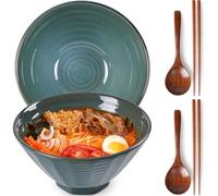 NUTRIUPS 1500ml Ceramic Ramen Bowl Set of 2, Large Ramen Bowl with Wooden Chopsticks, Spoons- Deep Ocean Green