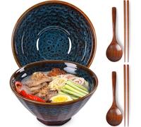 NUTRIUPS 1500ml Ceramic Ramen Bowl Set of 2, Large Ramen Bowl with Wooden Chopsticks, Spoons-Peacock Tail