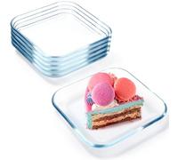NUTRIUPS 6 Pack 7 Inch Square Dessert Plates, Small Clear Tempered Glass Appetizer Plate Set For Kitchen, Dinnerware Dish Set, Dishwasher & Microwave Safe
