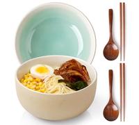 NUTRIUPS Ceramic Ramen Bowl Set of 2,1200ML Japanese Retro Ramen Bowls with Chopsticks and Spoons, Porcelain Noodles Bowl (Kiln-Formed White + Cyan)