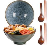 NUTRIUPS Ceramic Ramen Bowl with Chopsticks and Spoons (Blue Peacock)