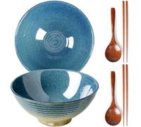 NUTRIUPS Ceramic Ramen Bowl with Chopsticks and Spoons (Ice Crack Blue)