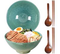 NUTRIUPS Ceramic Ramen Bowl with Chopsticks and Spoons (Ice Crack Green)