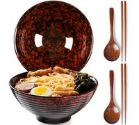 NUTRIUPS Ceramic Ramen Bowl with Chopsticks and Spoons (Lava Burst Red)